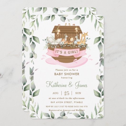 ノアの箱舟の動物の緑の女の子の赤ちゃんシャワー 招待状 (正面/裏面)