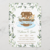 ノアの箱舟の動物の緑の青い少年の赤ちゃんシャワー 招待状 (正面/裏面)