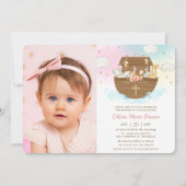 ノアの箱舟の動物ガールバプテスマ《キリスト教》洗礼式や命名式写真 招待状 (正面)