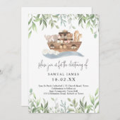 ノアの箱舟の水彩動物と緑の洗礼 招待状 (正面/裏面)