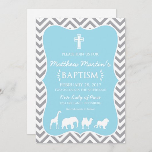 ノアの箱舟の洗礼の招待状のブルーグレーシェブロン 招待状 (正面/裏面)