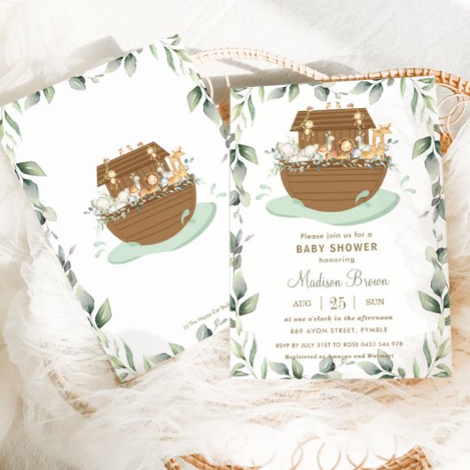 ノアの箱舟の緑の赤ちゃんシャワー男女兼用 招待状