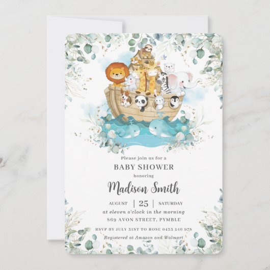 ノアの箱舟の緑の赤男女兼用ちゃんシャワー 招待状 (正面)