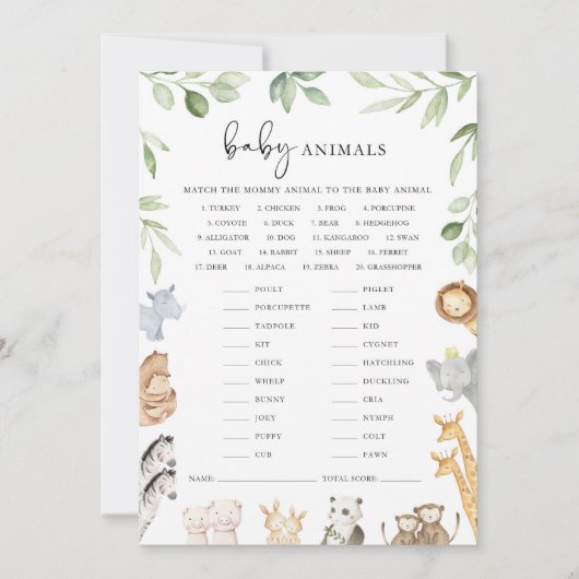 ノアの箱舟の赤ちゃんシャワー赤ちゃん動物マッチゲーム 招待状 (正面)