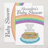 ノアの箱舟の赤ちゃん歓迎会の招待状（レトロな虹色） 招待状 (正面/裏面)