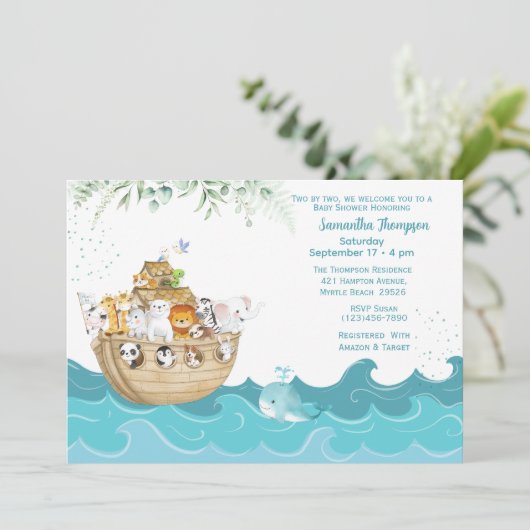 ノアの箱舟の赤男女兼用ちゃんシャワー 招待状 (スタンド正面)