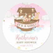ノアの箱舟ピンクの動物の女の子の赤ちゃんシャワーのお願い ラウンドシール (正面)