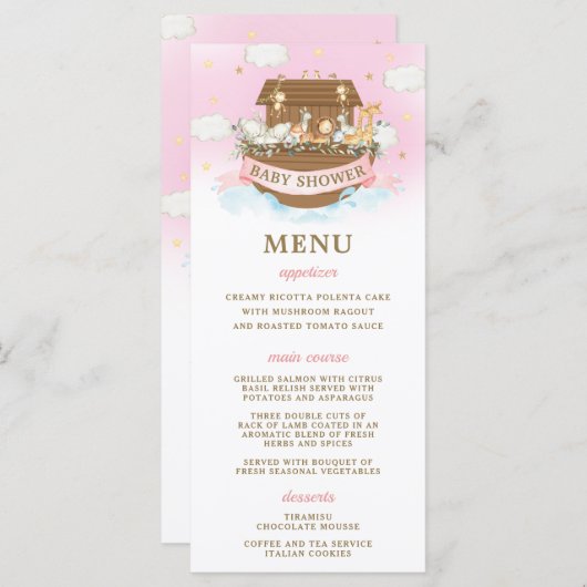 ノアの箱舟ピンクの女の子ツインズベビーシャワー プログラム (正面/裏面)