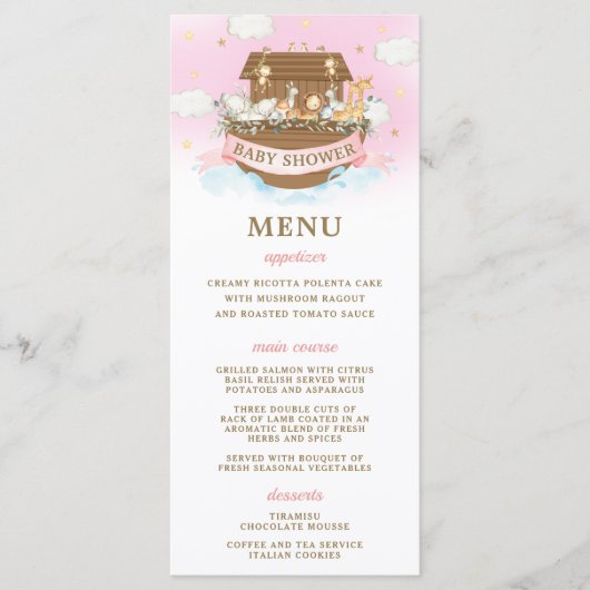 ノアの箱舟ピンクの女の子ツインズベビーシャワー プログラム (正面)