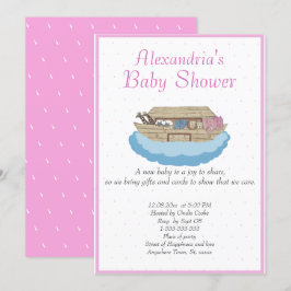 ノアの箱舟ベビーシャワー招待状（ピンクの女の子） 招待状