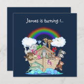 ノアアーク動物の招待ネイビーブルー 招待状 (正面/裏面)