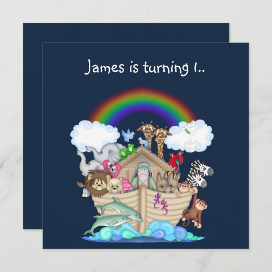 ノアアーク動物の招待ネイビーブルー 招待状 (正面/裏面)