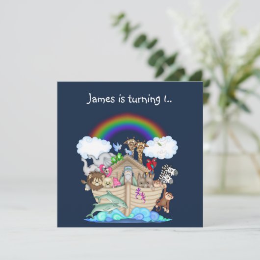 ノアアーク動物の招待ネイビーブルー 招待状 (スタンド正面)