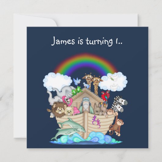 ノアアーク動物の招待ネイビーブルー 招待状 (正面)