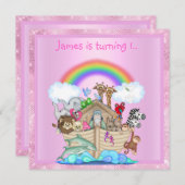 ノアアーク動物の招待ピンクの誕生日の新しい 招待状 (正面/裏面)