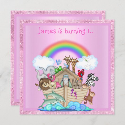 ノアアーク動物の招待ピンクの誕生日の新しい 招待状 (正面/裏面)