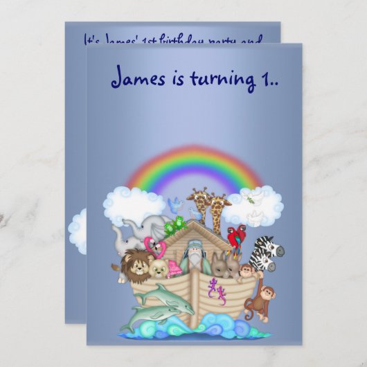 ノアアーク動物の招待ブルー 招待状 (正面/裏面)