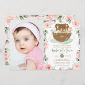 ノアズアークピンクフローラガールバプテスマ《キリスト教》洗礼式や命名式 招待状 (正面/裏面)