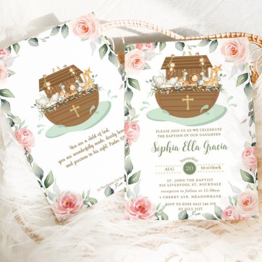 ノアズアークピンクフローラガールバプテスマ《キリスト教》洗礼式や命名式 招待状