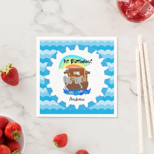 ノアパーソナライズされたの箱舟の最初の誕生日紙ナプキンス スタンダードカクテルナプキン (インサイチュ)