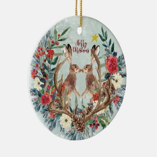 ノウサギのクリスマスのオーナメントの冬の花柄の装飾 セラミックオーナメント (右)