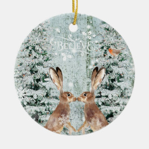 ノウサギのクリスマスのオーナメントの冬の雪の装飾 セラミックオーナメント