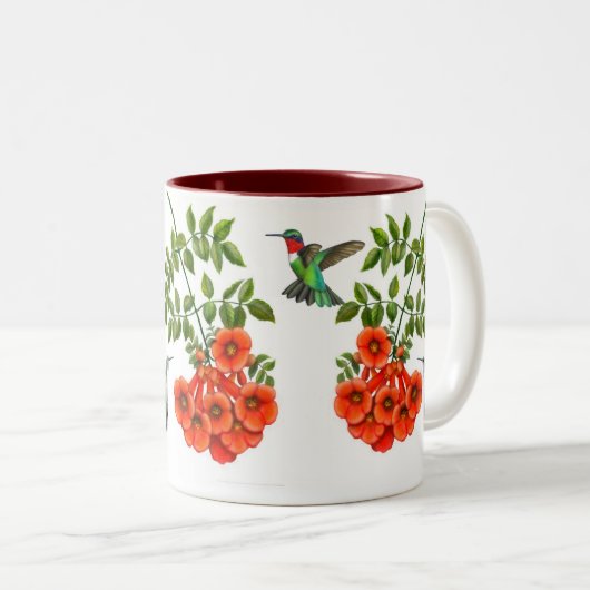 ノウゼンカズラのマグのルビー色のThroatedハチドリ ツートーンマグカップ (正面右)