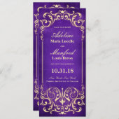 ノウヴェル・ヴィクトリアン：ゴールド＆オーベルジューヌの結婚式お知らせカード セーブザデート (正面/裏面)