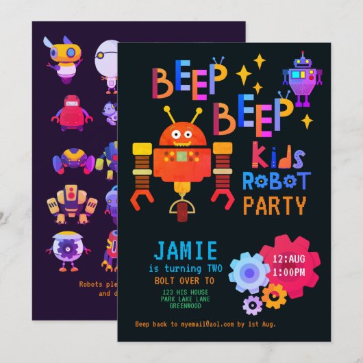 ノエオンロボット 2歳の誕生日パーティー 男の子 女の子 面白い 招待状 (正面/裏面)