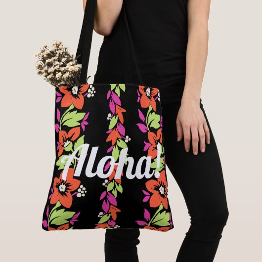 ノエラニレイハワイアンフローラストライプコーラルアンドブラック トートバッグ (クローズアップ)