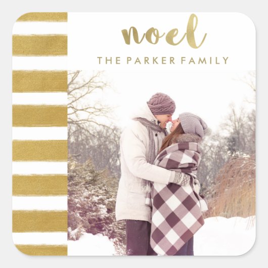 ノエルフェイク金ゴールドクリスマスタイポグラフィと写真 スクエアシール (正面)