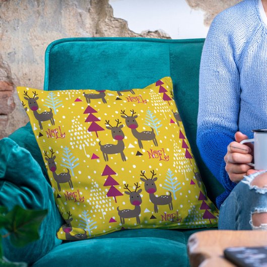 ノエル冬トナカイのクリスマスツリーウッドランド雪 クッション