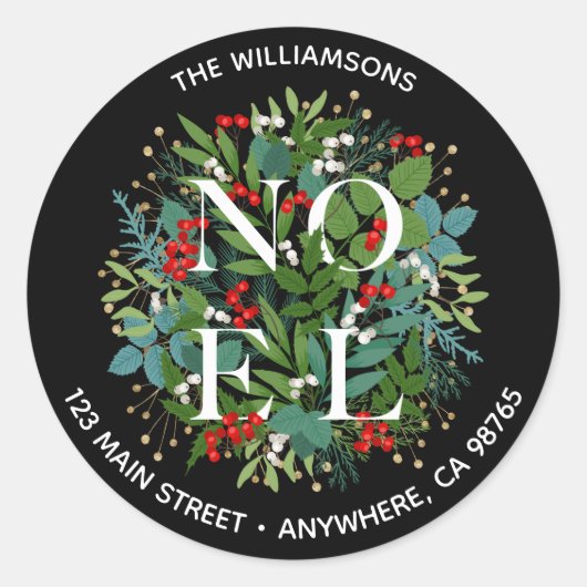 ノエル グリーン リーフ ベリー クリスマス 住所ラベル ラウンドシール (正面)