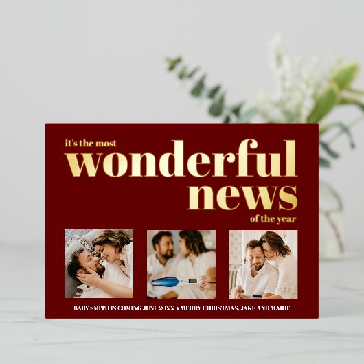 ノエル ホリデー妊娠発表 フォトコラージュ 箔招待状 (立ち正面)