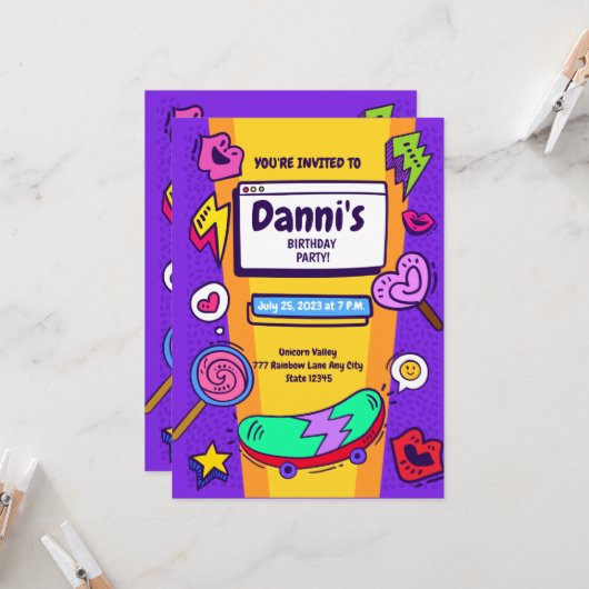 ノスクールタルジック90のテーマ誕生日招待状 招待状 (正面/裏面インサイチュ)