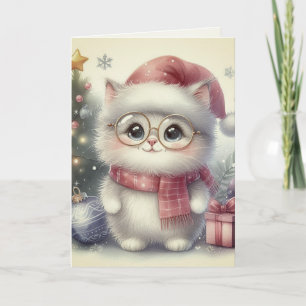 ノスタルジックなビンテージ クリスマス 猫 アンティーク 水彩画 カード