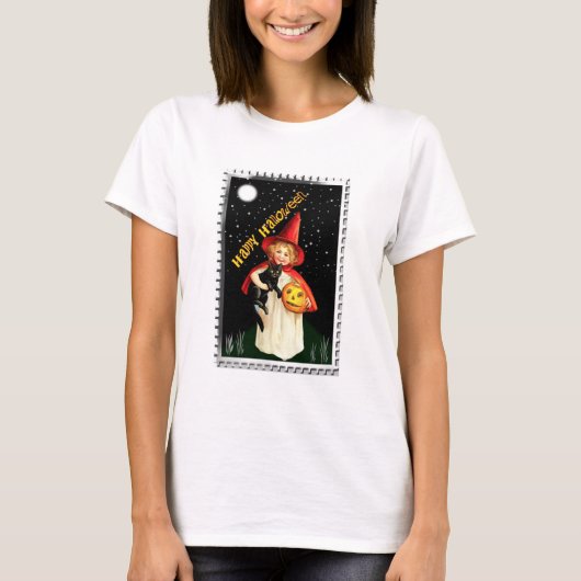ノスタルジックな女の子、ジャックオーランタン、猫 Tシャツ (正面)