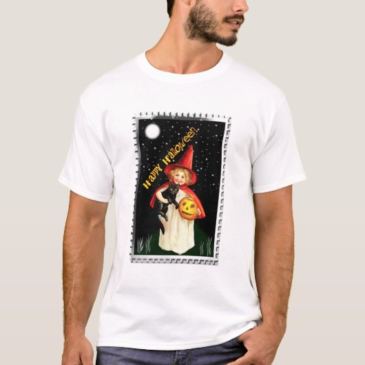 ノスタルジックな女の子、ジャックオーランタン、猫 Tシャツ (正面)
