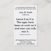 ノスタルジックの開いた道の葬儀の祈りの言葉カード垂直 名刺 (裏面)