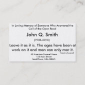 ノスタルジックの開いた道の葬儀の祈りの言葉カードHorizontel 名刺 (裏面)