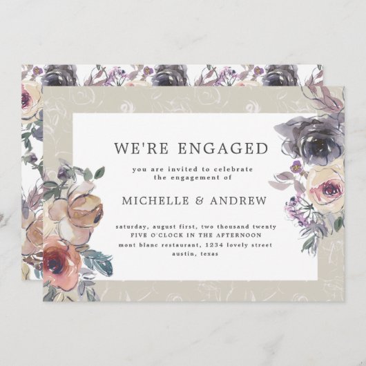 ノスタルジックインジゴ赤面フローラ婚約 招待状 (正面/裏面)