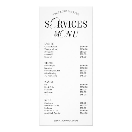 ノスタルジックエレガントなスクリプトロゴサロンサービスメニュー ラックカード (正面)