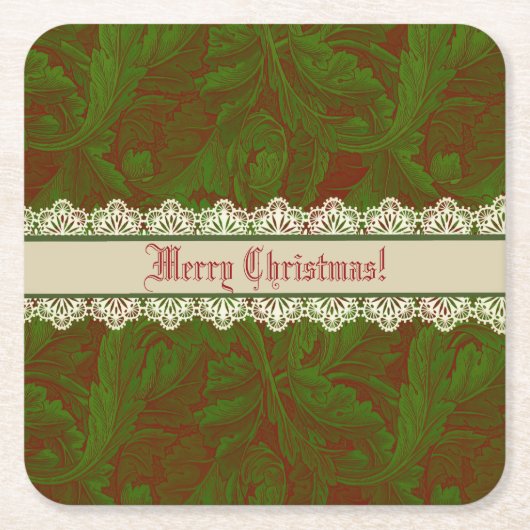 ノスタルジッククラシックウィリアムモリスレッドホリデイ スクエアペーパーコースター (正面)