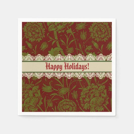 ノスタルジッククラシックウィリアムモリスレッドホリデイ スタンダードカクテルナプキン (正面)