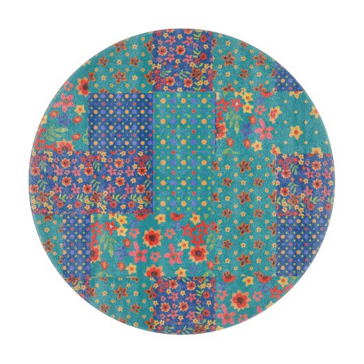 ノスタルジックフェイクなパッチワーク円形ガラス切断板 カッティングボード (正面)