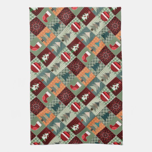 ノスタルジックヴィンテージホリデーパッチワークキルト キッチンタオル (縦)