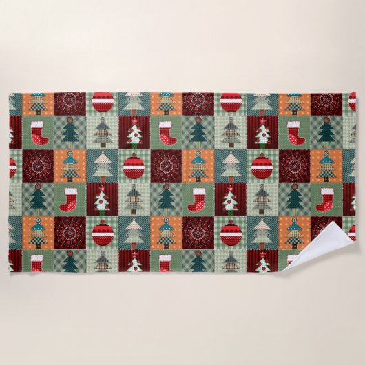 ノスタルジックヴィンテージホリデーパッチワークキルト ビーチタオル (正面)