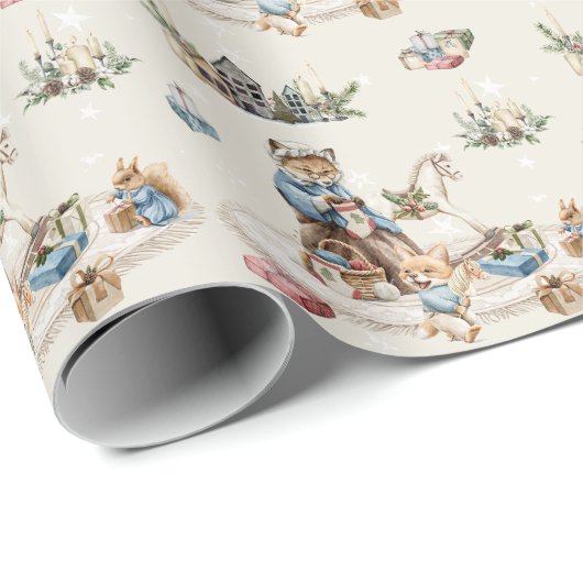 ノスタルジック素朴ヴィンテージクリスマスかわいい動物 ラッピングペーパー (ロールコーナー)