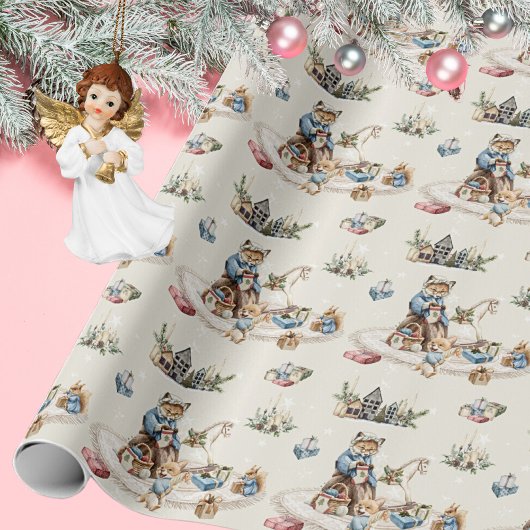 ノスタルジック素朴ヴィンテージクリスマスかわいい動物 ラッピングペーパー