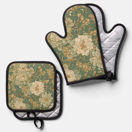ノスタルジック花模様インヴィンテージハウス 鍋つかみ&鍋敷きセット (正面/裏面)